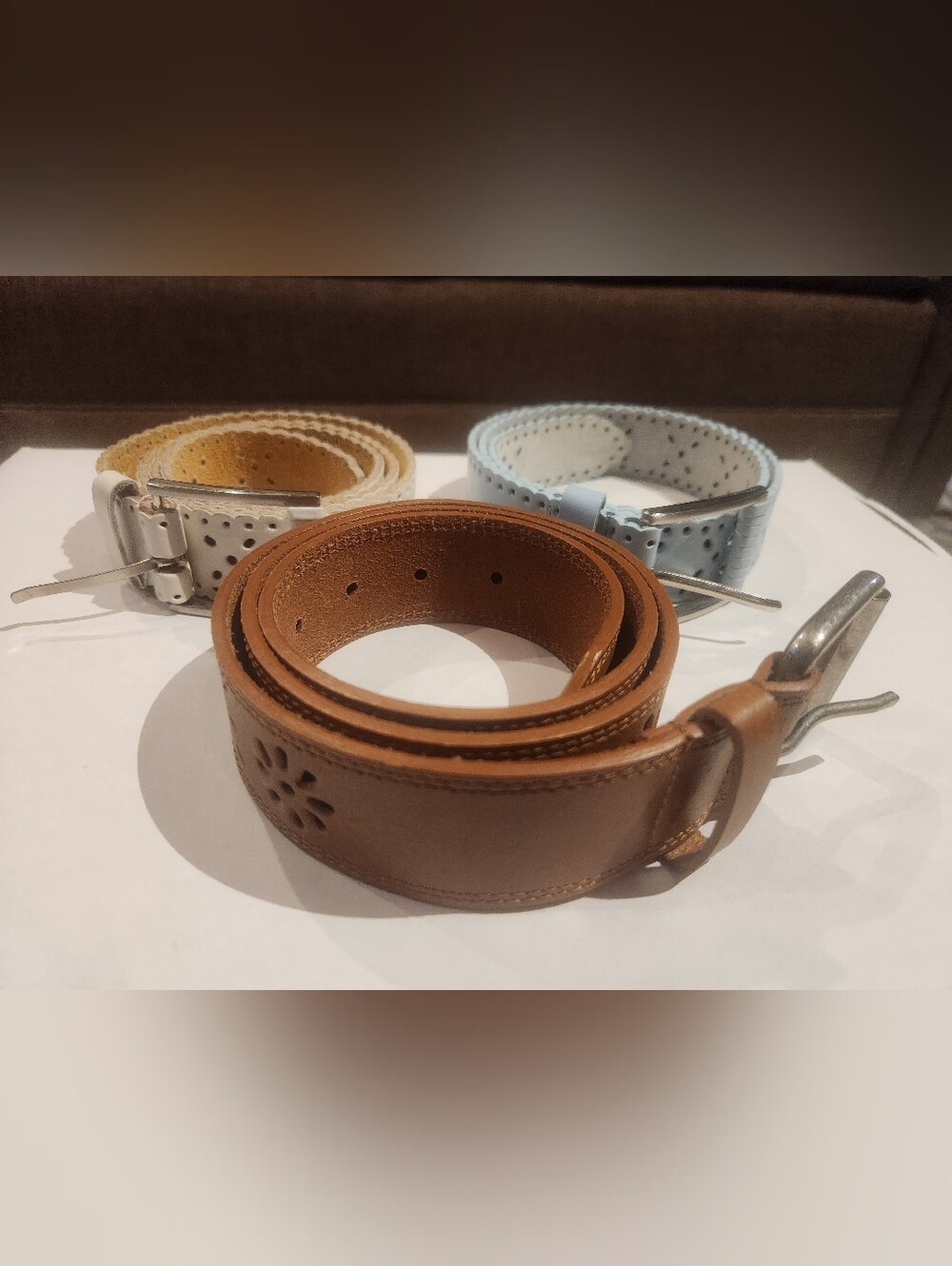 Lot of 3 Women's Floral Petal Cutout Genuine Leather Belts Med White Blue Brown